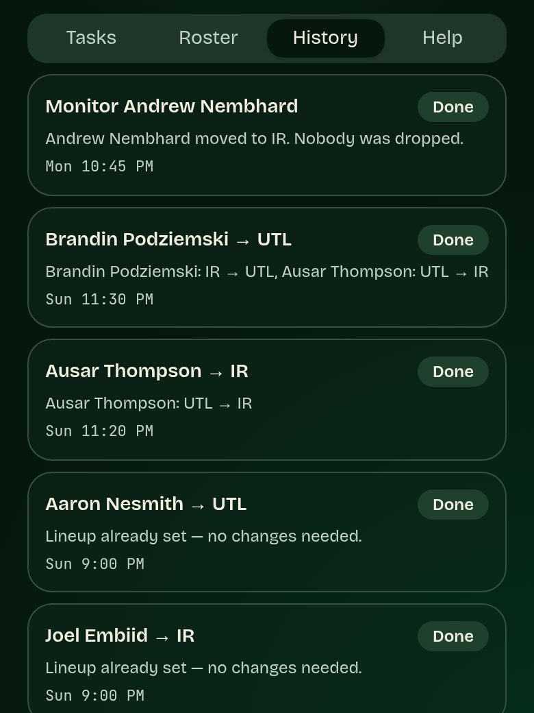 History screen listing completed moves