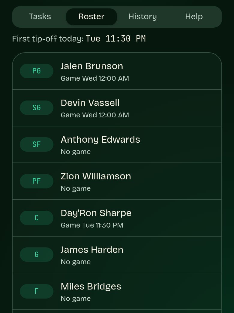 Roster screen listing players, slots and game times